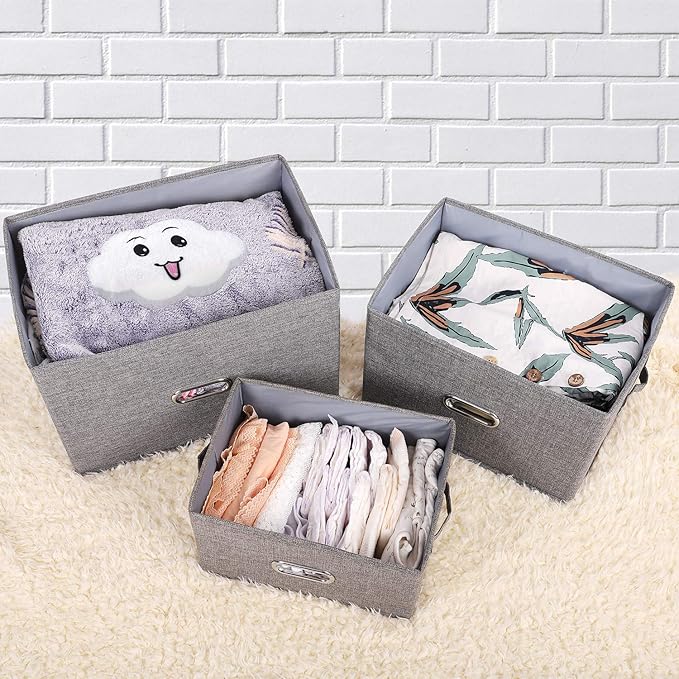 Large Linen Collapsible Storage Bins with Removable Lids and Handles, Washable Storage Box Containers Baskets Cube with Cover for Bedroom,Closet,Office,Living Room,Nursery (Coffee, Large)