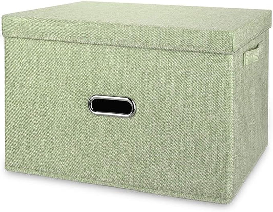 Linen Fabric Collapsible Storage Bins with Removable Lids and Handles, Washable Storage Box Containers Baskets Cube with Cover for Bedroom,Closet,Office,Living Room,Nursery (Green, Medium)