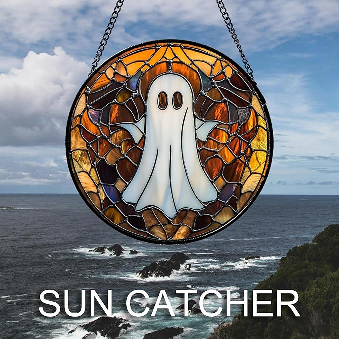 Stained Glass Window Hanging Halloween White Horror Ghost Large 15" - Suncatcher Door Garden Kitchen Sun Catcher Home Gothic Decor Birthday for Mom Men Woman Friend Grandma