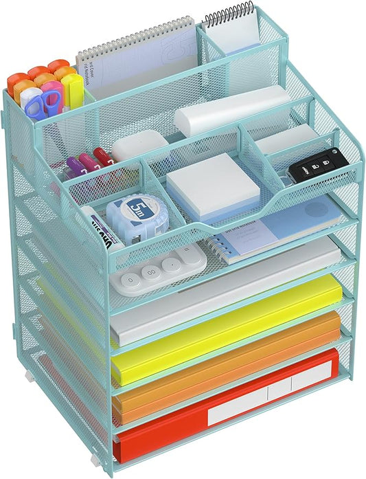 Docnest 6 Tier Mesh Desk Organizer for Paper Office Supplies – Multi-Functional Letter Tray with 5 Adjustable Compartments, 3 Pen Holders, Desktop Storage for Files, Mail, Stationery – Blue