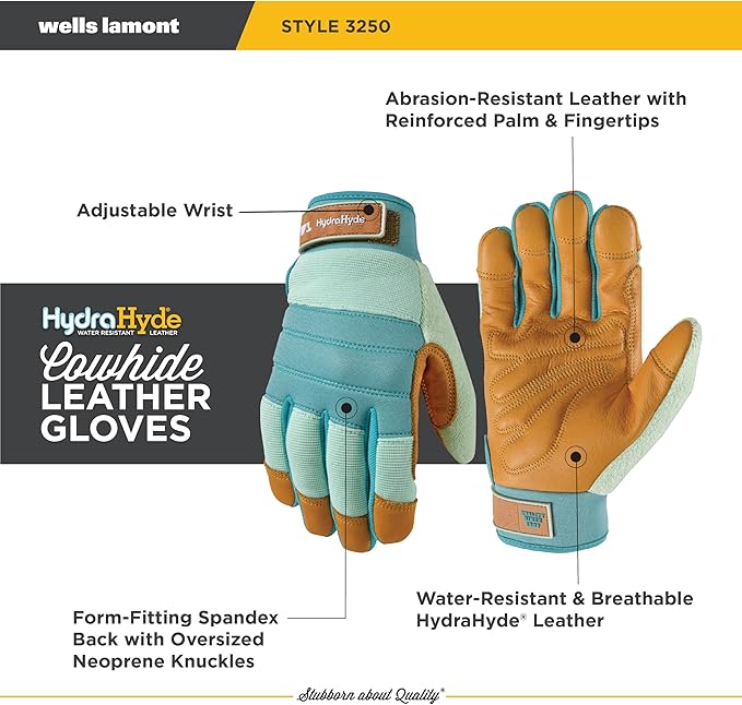 Wells Lamont Women's HydraHyde Leather Hybrid Gloves – Water-Resistant, Durable Cowhide Palm, Spandex Stretch Back – Ideal Landscaping/Farming/Gardening Gloves – Adjustable Wrist – Large, Blue (3250L)