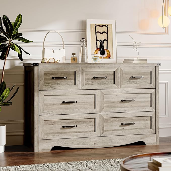 7-Drawer Dresser for Bedroom, Modern Wooden Chest of Drawers with Metal Handles, Anti-Tipping Design, Sturdy and Stable Storage Organizer for Living Room, Entryway, Home Office