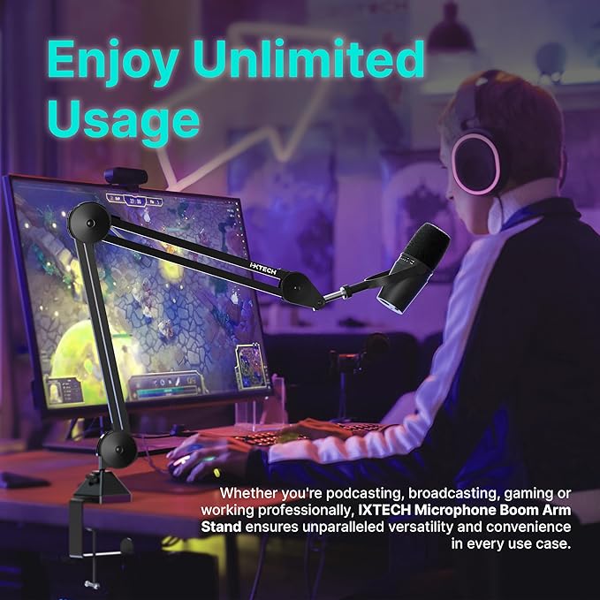 IXTECH Microphone Boom Arm Stand, Heavy Duty Adjustable Mic Stand with Cable Ties, Desk Mount Arm Stand for Gaming Streaming Podcasting.