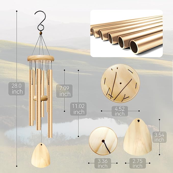 28" Wind Chimes for Outside. Deep Tone Lovely Wind Chimes with 6 Aluminum Tubes Courtyard Decoration. Windchimes Outdoor Create an Enjoyable Atmosphere & Give Mom a Gift（Light Gold）