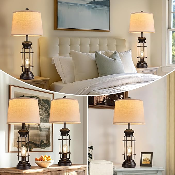 Black Table Lamps Set of 2, 28.5" Farmhouse Lamps for Living Room with USB C+A Ports, Touch Lamps for Bedroom, LED Bulbs Included