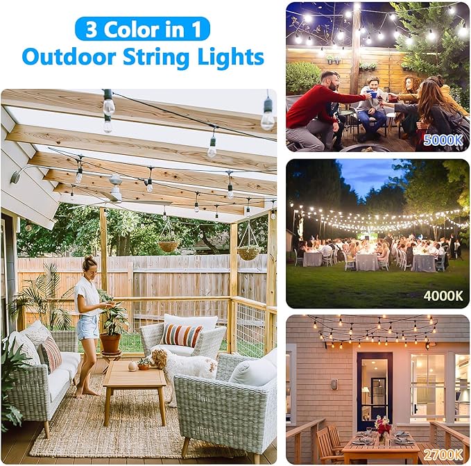 3 Color Dimmable LED Outdoor String Lights with Remotes, 48FT Waterproof Patio Hanging Lights with Shatterproof E26 S14 LED Bulbs for Bistro Cafe Pergola Party, Warm White/Nature White/Daylight White