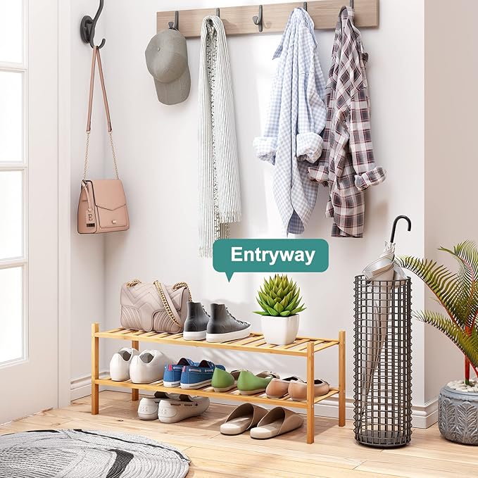 2-Tier Long Shoe Rack for Entryway, Black Bamboo Wood Shoe Rack for Closet & Hallway, Long 33IN | Beautiful | Functional | Sturdy | Durable