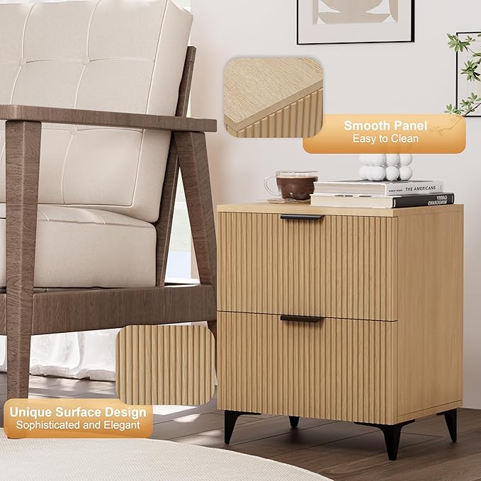 Royal Windsor Small Fluted Nightstand Set of 2 with 2 Drawers, Side End Table, Small Accent Storage Cabinet,Modern Night Stand Bedside Table for Bedroom Full Size Bed,Natural Oak