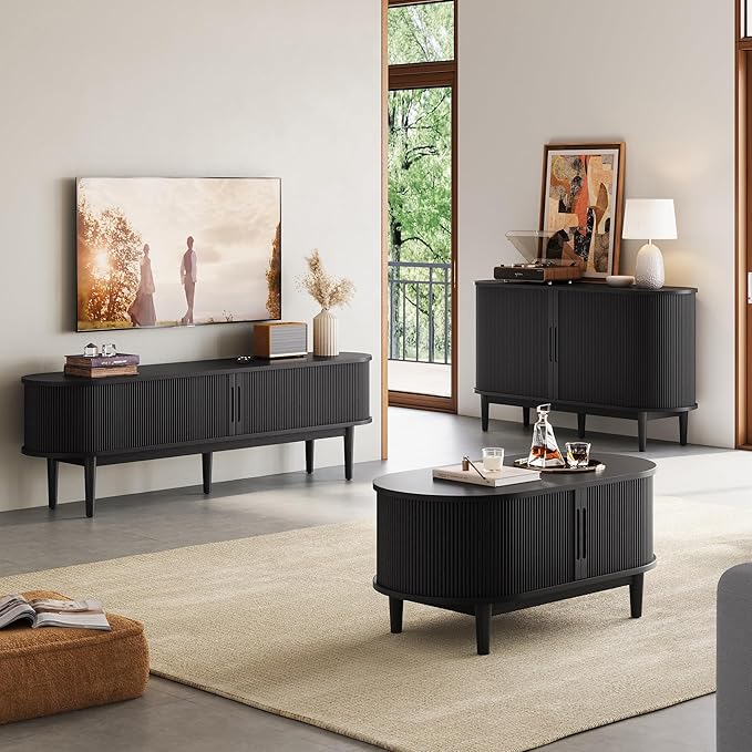 LINSY HOME Fluted TV Stand for 75" TV, Mid-Century Modern Wood Entertainment Center with Sliding Tambour Door and Storage Cabinet, Boho TV Media Console Table for Living Room, Bedroom, Black