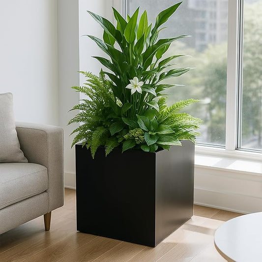 Kozyard 20'' Cube Metal Planter Steel Planter Box Black Steel Flower Pot with Saucer Partition Panel for Trees Plants Flowers Indoor Outdoor Garden Patio Deck Yard