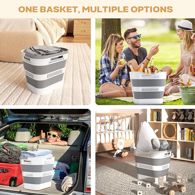 43L+43L Collapsible Laundry Baskets plastic, Pop Up Laundry hamper/Storage Container, Foldable Laundry Basket with Handles, Durable,Space Saver (Grey, 2 Packs)