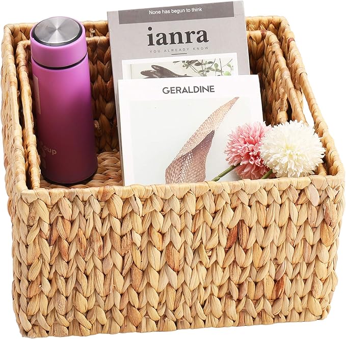 HOONEX Water Hyacinth Storage Baskets for Organizing, Decorative Wicker Baskets with Carrying Handles, Set of 2, Natural