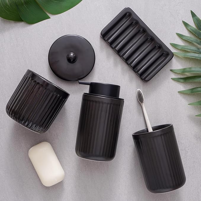 Ceramic Bathroom Accessories Set,Lotion Soap Dispenser and Toothbrush Holder Set, Soap Dish, Apothecary Jars,Rustic Farmhouse Decor, Bathroom Home Decor (Black Set, Liquid)