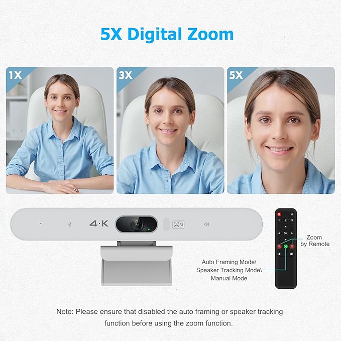 Conference Room Camera, All-in-One 4K Webcam with Microphone and Speaker, AI Tracking and Auto Framing, Wide Angle of View, Plug and Play USB Webcam for PC, Mac, Meetings, Teams, Zoom & Webex (White)