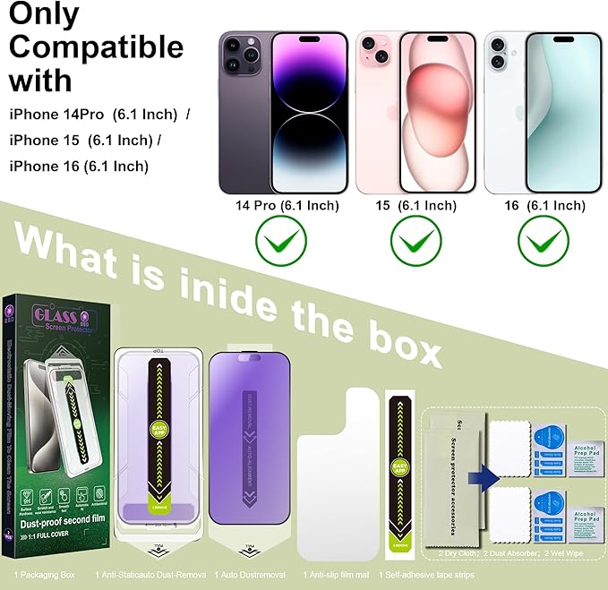 2 Pack Anti Blue Light Blocking Matte Screen Protector for iPhone 14 Pro/15/16 (6.1-Inch),9H Tempered Glass,Anti-Glare,Full Coverage,Anti-Fingerprint,Auto Dust Removal,Bubble-Free