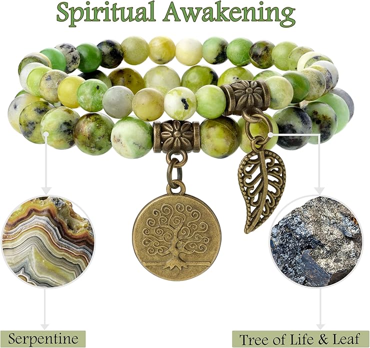 Bivei Natural Semi Precious Gemstone beads bracelet for women - Life Tree and Leaf Charm Energy Reiki Crystal Stretch Bracelets