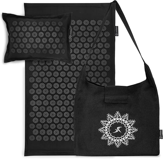 ProsourceFit Ki Acupressure Mat and Pillow Set with 100% Natural Linen for Back/Neck Pain Relief and Muscle Relaxation, Black Pearl