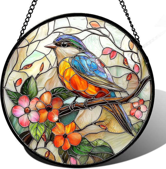 Stained Glass Window Hanging, Blue Bird Pink Flower Suncatcher Diamond Glass Panel Bird Sun Catchers Decor for Birthday for Women, Men, Wife, Aunt, and Mom 14.9x14.9 in