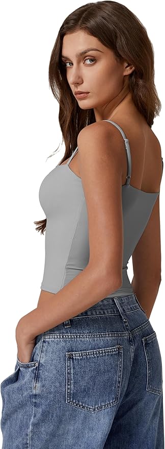 QINSEN Women's Double Lined Basic Tank Top Adjustable Spaghetti Straps Sleeveless Camisole Shirts
