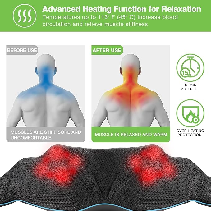 cotsoco Neck Massager, Shiatsu Neck and Back Massager with Heat for Pain Relief, Deep Tissue 3D Kneading Massage Pillow, Relaxation Gifts for Men and Women, Gifts for Dad, Elderly,Wife (Azure)