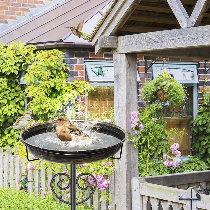 Metal Bird Bath for Outside, Standing Garden Bird Bath Bird Feeder Bowl with 5-Pronged Stake, Detachable Birdfeeder Bath for Outdoors Garden Patio Yard Lawn Decor (Vintage Gold)