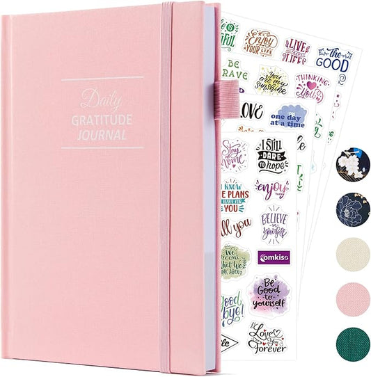 Gratitude Journal with 4 Inspirational Stickers: Undated Daily Gratitude Journal for Women and Men - More Happiness, Affirmation, and Mindfulness in A Few Minutes with Prompts & Quotes (Pink)