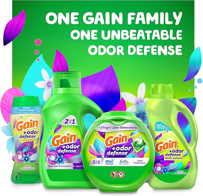 Gain + Odor Defense Liquid Laundry Detergent, Super Fresh Blast Scent, 88 Oz, 61 Loads, HE Compatible (Pack of 2)