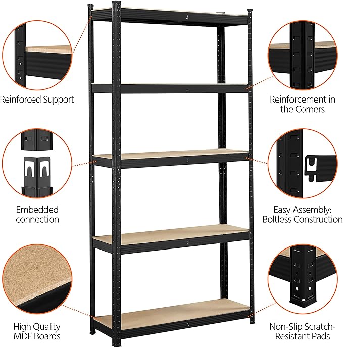 Yaheetech Standing Shelf Units, 5 Tier Storage Shelf, Heavy Duty Shelving, Adjustable Garage Shelves, Utility Rack Shelf Unit, Basement Warehouse Shed, 35.5″W× 12″D × 71″H - Black