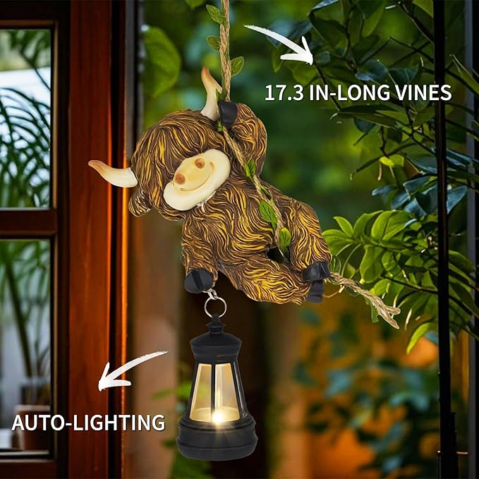 Hanging Highland Cow Decor: Garden Cow Statues with Solar Lantern Tree Decorations for Outdoor Yard Lawn Patio Porch Ideal Gardening Gifts for Mom Grandma Women