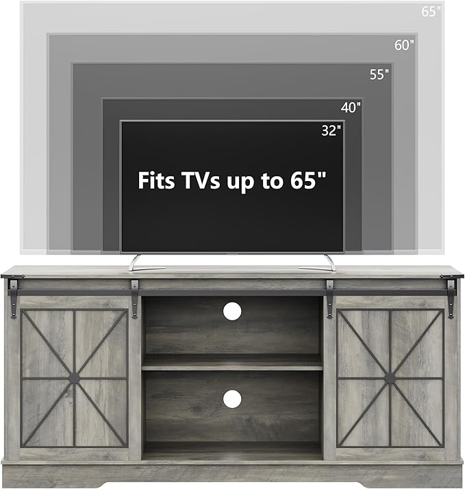 Farmhouse TV Stand for 65/60/55 Inch Tvs, Rustic Entertainment Center with Storage Cabinets & Sliding Barn Doors, Modern Media Console Table, Wood Television Furniture for Living Room, Bedroom, Grey
