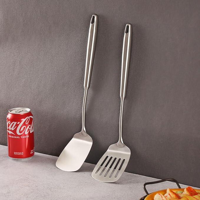 18/10 Stainless Steel Spatulas Set - 15” Long Spatulas for Kitchen, Metal Cooking Utensils - 1 Slotted Spatula + 1 Solid Turner (style A - all metal brushed)