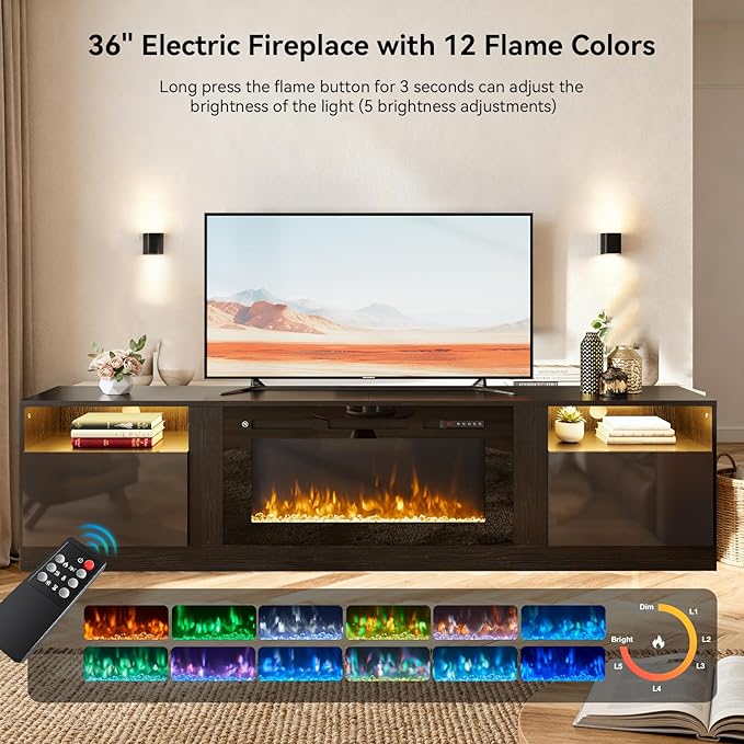 90” TV Stand with 50” WI-FI Electric Fireplace, Large Modern Media Entertainment Center with Storage Cabinet and 12 Colors LED Lights for TVs Up to 100",All Black