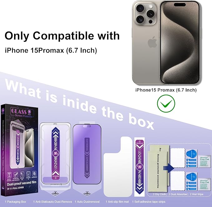 2 Pack Anti Blue Light Matte Screen Protector for iPhone 15 Pro Max 6.7-Inch Auto Dust Removal, No Bubbles, Tempered Glass Film, Easy Installation