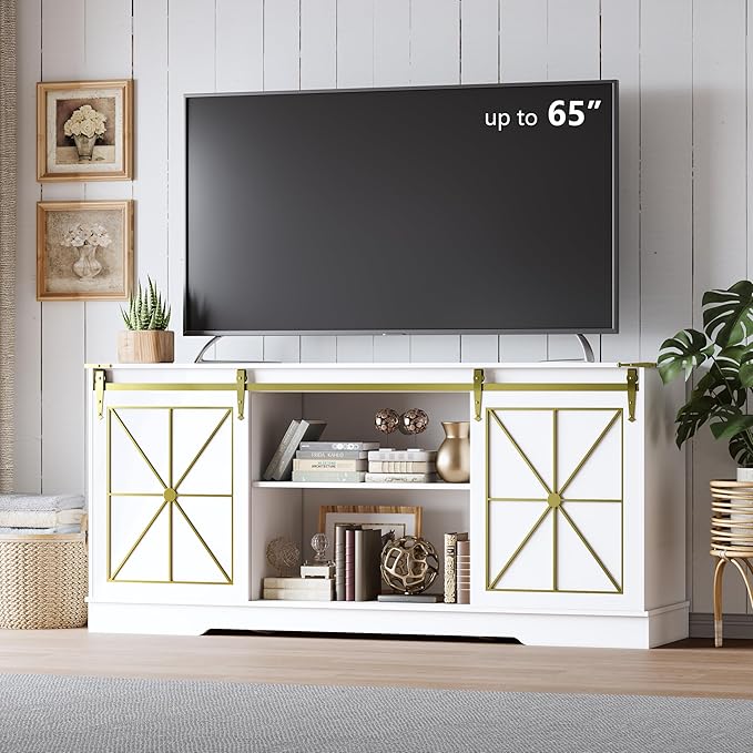 Farmhouse TV Stand for 65/60/55 Inch Tvs, Rustic Entertainment Center with Storage Cabinets & Sliding Barn Doors, Modern Media Console Table, Wood Television Furniture for Living Room, Bedroom, White
