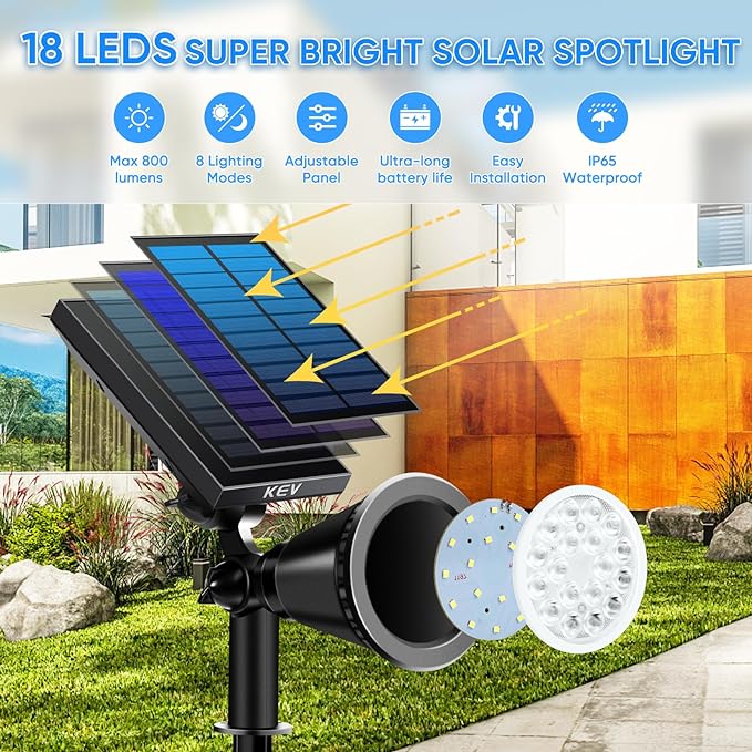 KEV Solar Spot Lights Outdoor,18 LEDs Solar Flood Lights with 8 Modes &Colored Adjustable &IPX65 Waterproof,Halloween Solar Spotlight for Driveway/Backyard/Landscape/Tree/Garage(Multicolor,4 Pack)