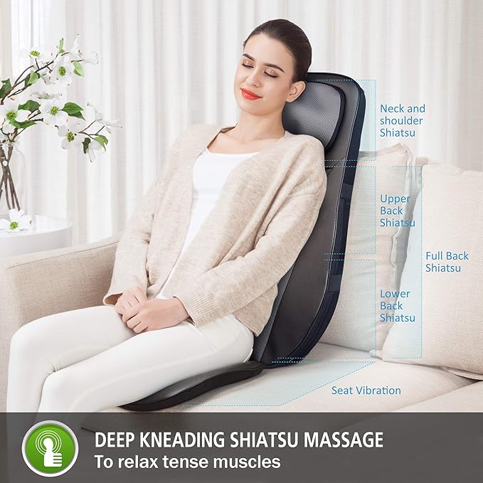 Snailax Shiatsu Back Massager with Heat, Chair Massager for Neck, Back and Shoulders,Gel Modes Massage Cushion,Adjustable Height Massage Seat,Gifts
