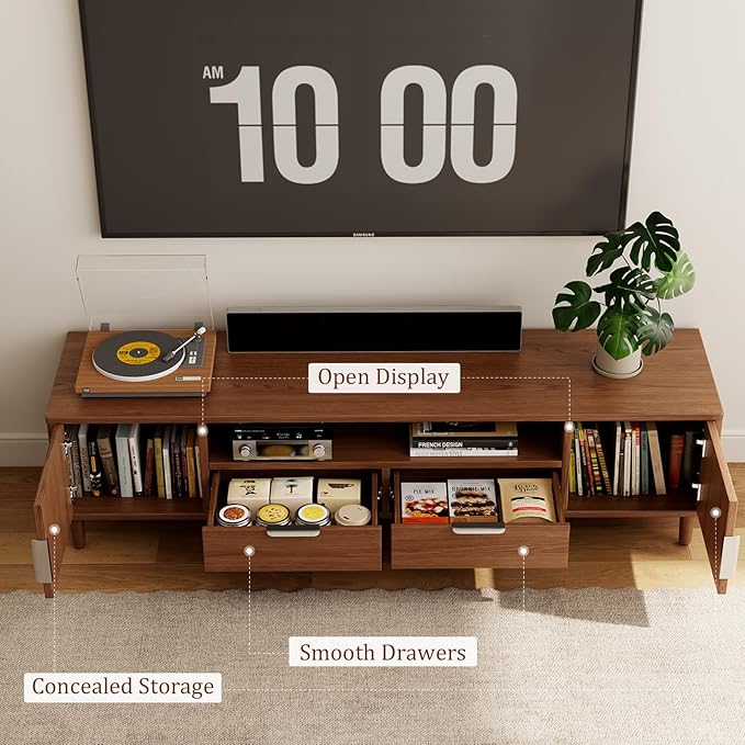 Mid-Century Modern TV Stand Fits TVs up to 60,Fluted TV Consoles Storage Doors and Cable Management,Entertainment Center tv Stands, for Living Room, Bedroom, Dining Room-Walunt