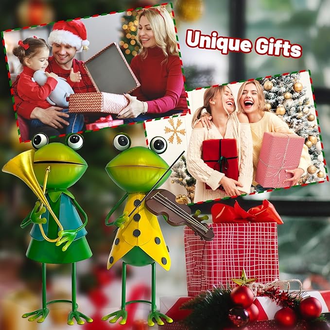 HONGLAND Frog Metal Yard Art - 3D Frog Outdoor Statue - Cute Metal Figurine - Christmas Holiday Lawn Patio Yard Garden Decor Gardening Gifts for Women (Violin)