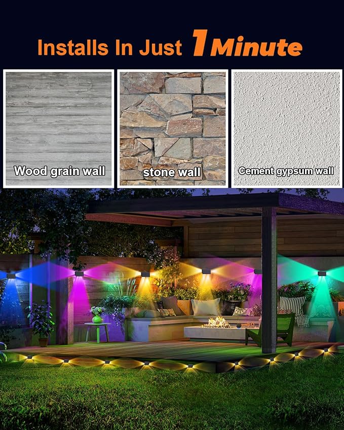 4 Pack Color Changing Solar Powered Fence Lights Outdoor Decorative LED Waterproof Yard Lamps for Outside Wall, Deck, House Patio, Rail, Stair, Yard, Pool, 8 Colorful Modes, Easy 1-Min Installation