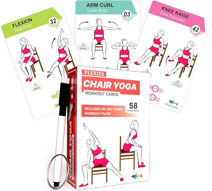 Chair Yoga Workout Cards – 58 Seated Exercise Cards for Strength, Flexibility & Weight Loss | Includes Postures, Instructions & Breathing Tips | Free Ring & Dry-Erase Marker to Customize 28 Day Chair Workout Chart