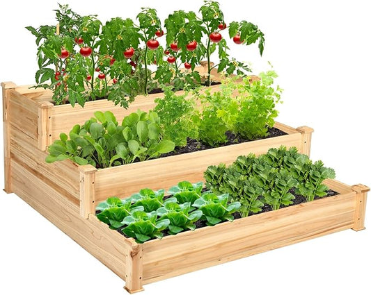 COSTWAY 3-Tier Raised Garden Bed, Wooden Elevated Planter Box for Vegetables Flowers Herbs Fruits, Outdoor Growing Planter Box Stand for Garden, Backyard, Patio, Balcony