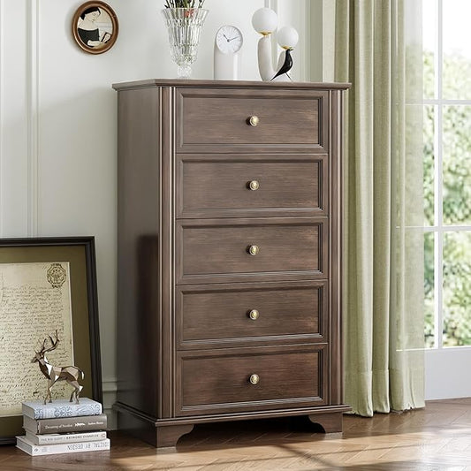VINGLI Tall Dresser 5 Drawer Chest of Drawers, Wood Brown Dresser for Bedroom, Brown Chest Dressers Wooden, 15.75" D x 28.74" W x 47.44" H
