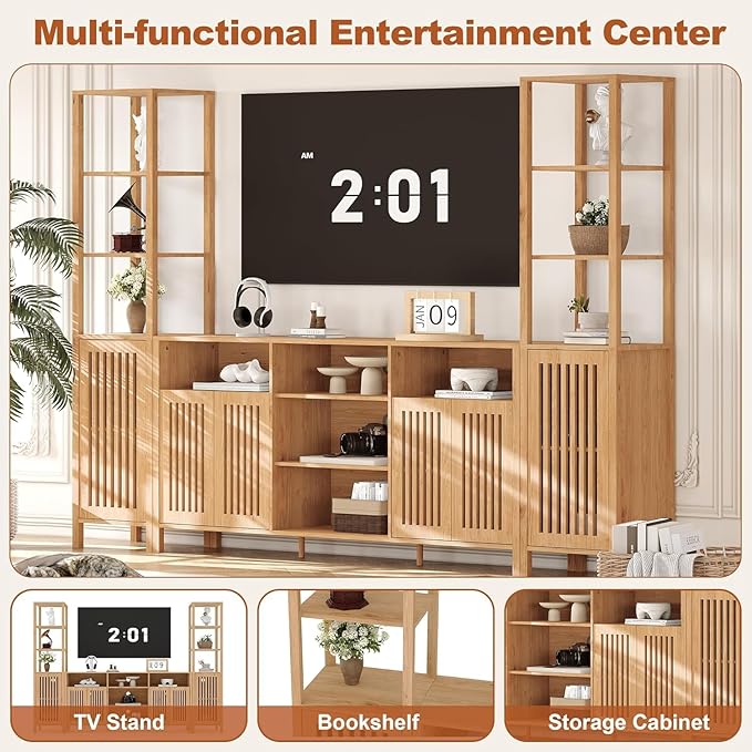 Combination TV Cabinet, for TVs Up to 70", Large TV Stand with Bookshelves, Storage TV Cabinet, Multi-Functional Home Entertainment Center with Adjustable Shelves