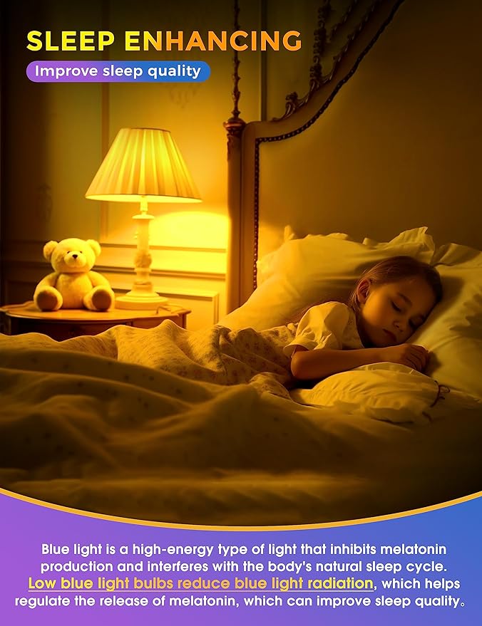 Sleep Light Bulb, Amber Light Bulbs for Sleep Therapy, Blue Light Blocking, 1900K Dim Light Bulbs 60W Equivalent, Mood Soothing Light, E26 A19 Warm Light Bulbs for Bedroom, Nursery, 2 Pack