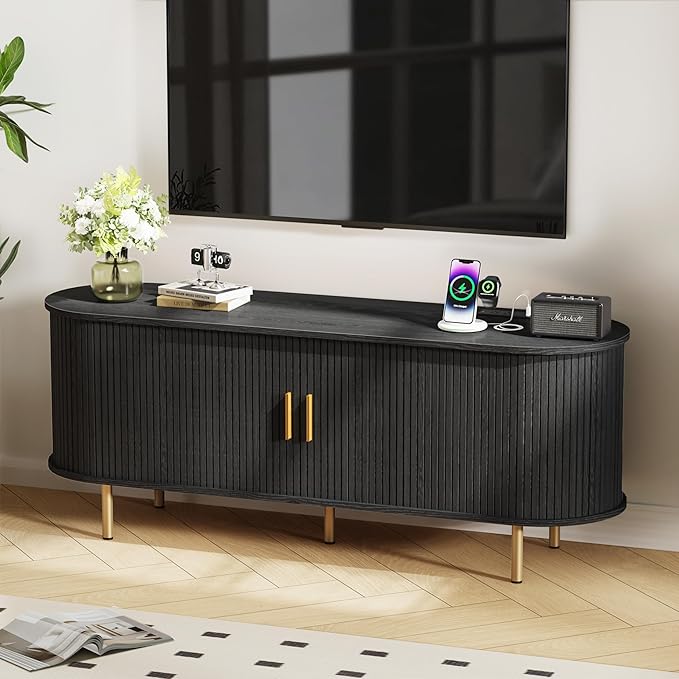 DHH 55 inch Tv Stand Cabinet with Storage,Fluted Tv Console Entertainment Center with Storage Adjustable Shelves, Modern Vintage with Sliding Doors tv Stand for Living Room (Black, 55 Inch)