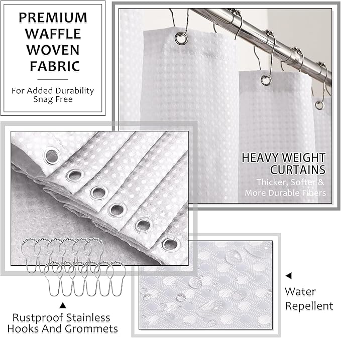 8-Piece White Bathroom Set - Resin Bathroom Accessories Sets Complete with Shower Curtain and Rugs, Soap Dispenser, Toothbrush Holder, Cup, Tray & Cotton Swab Jars