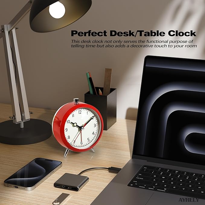 AYRELY® 4" Loud Analog Alarm Clock, Retro Metal Travel & Table Clock Battery Operated, Silent Non-Ticking Desk Clock with Alarm Switch Button for Bedroom, Bedside, Shelf, Office (red)