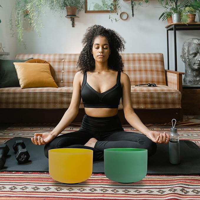 FMTY 10inch Crystal Singing Bowls set prefect pitch(±10HZ) Yellow(Solar plexus)+ Green(Heart) with Soft Carrying Bag Sound Bowls Chakra Bowl