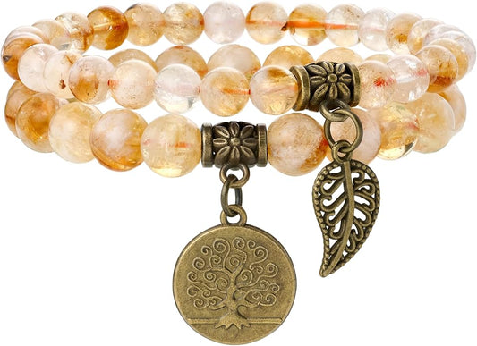 Bivei Natural Semi Precious Gemstone beads bracelet for women - Life Tree and Leaf Charm Energy Reiki Crystal Stretch Bracelets