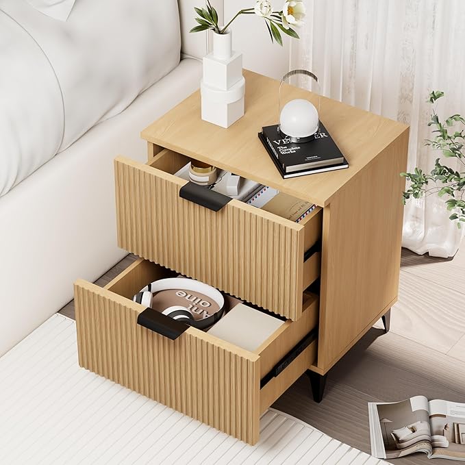 Royal Windsor Small Fluted Nightstand Set of 2 with 2 Drawers, Side End Table, Small Accent Storage Cabinet,Modern Night Stand Bedside Table for Bedroom Full Size Bed,Natural Oak